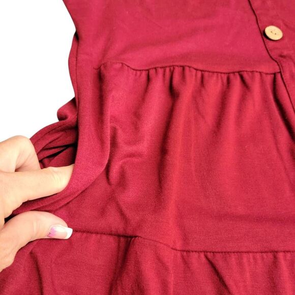 Soft Tiered Burgundy Sleeveless Button Down Dress with Pockets on Sale 5 for $25 - Picture 4 of 7